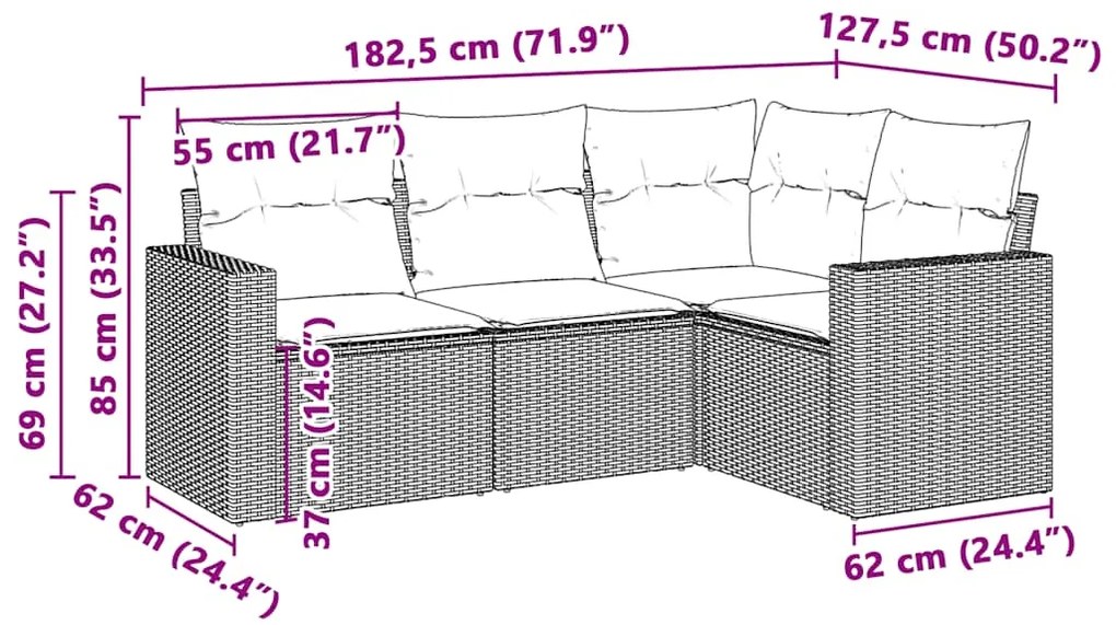 4 pcs conj. sofás jardim c/ almofadões vime PE cinzento-claro