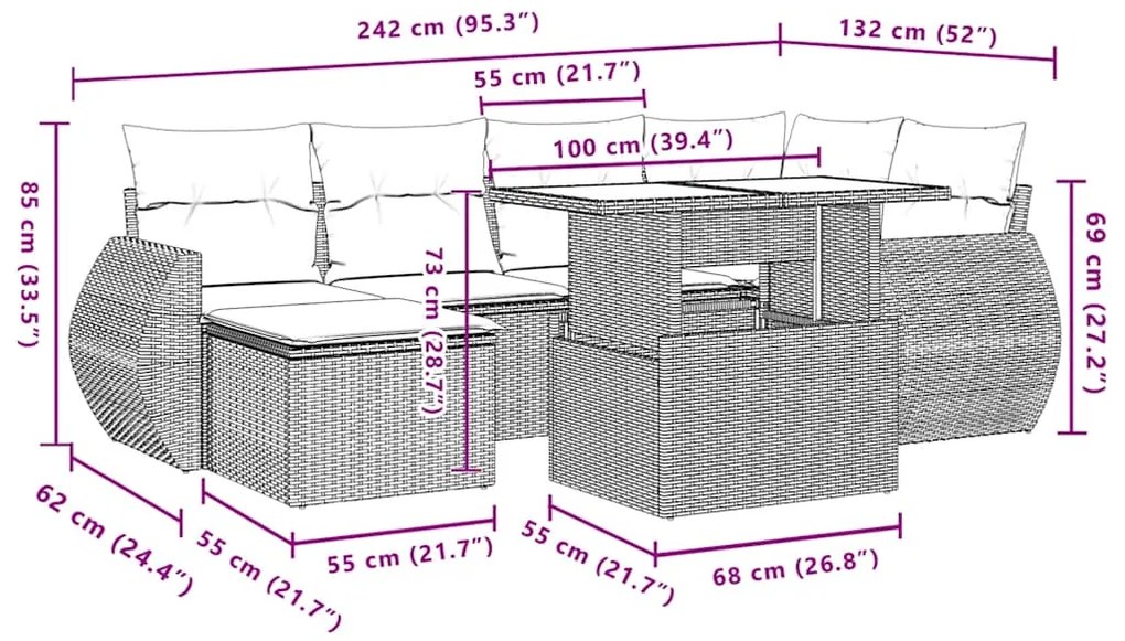 7 pcs conj. sofás jardim com almofadões vime PE cinzento-claro