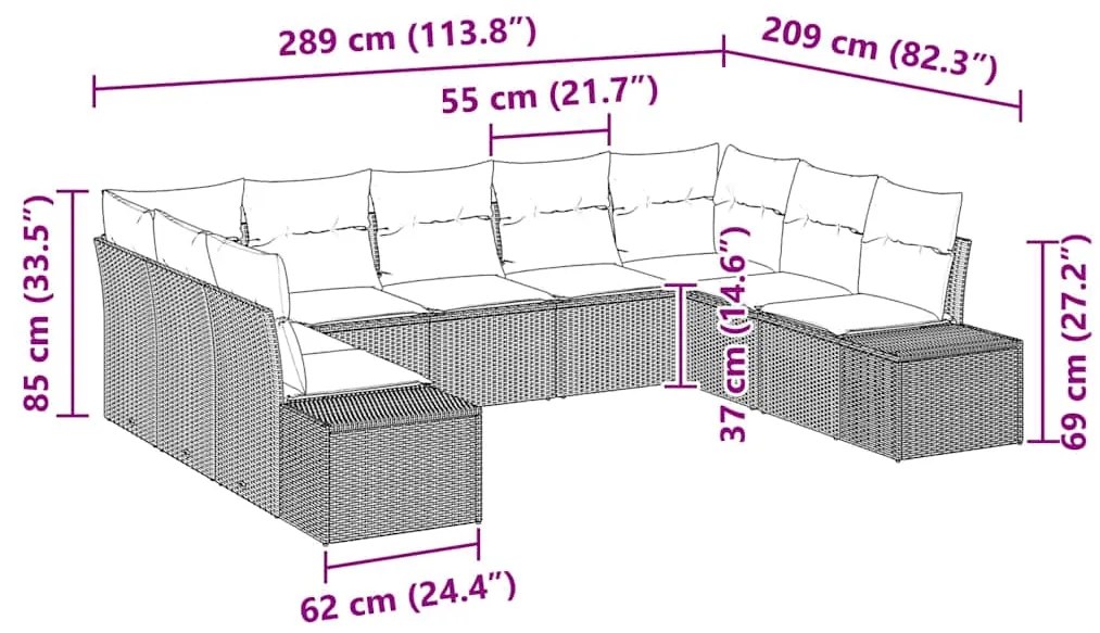 Conjunto de Sofá de Jardim com 9 Peças e Almofadas - Vime Sintético Ci