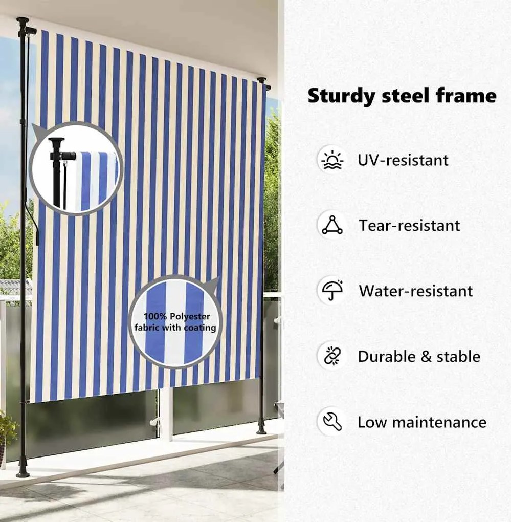 Estore de rolo para exterior 150x270cm tecido/aço azul e branco