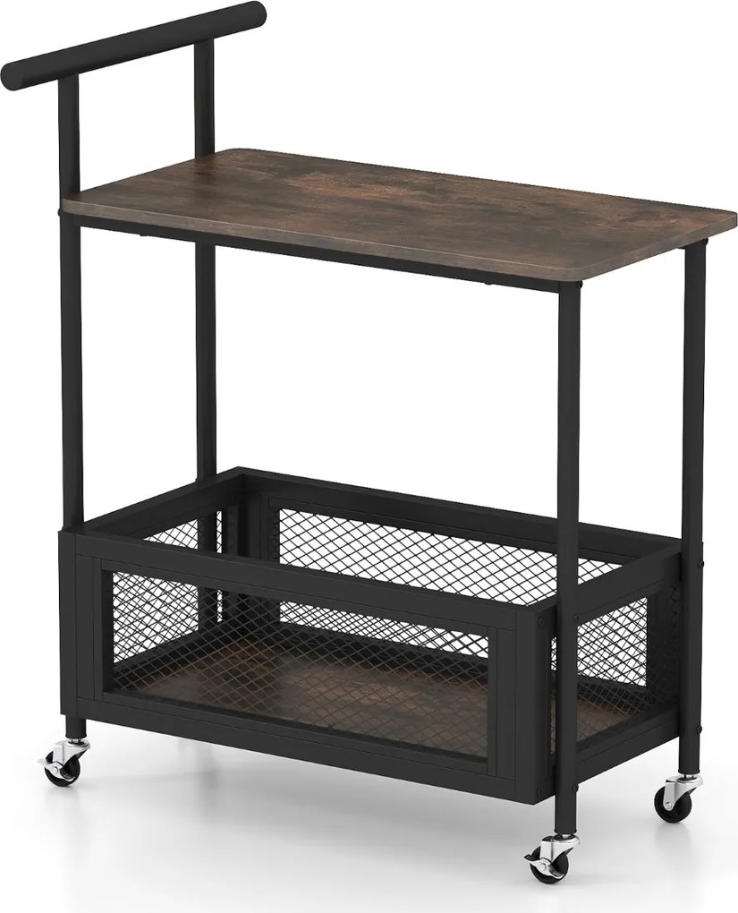 Mesa apoio ou carrinho de Cozinha 60 x 40 x 72 cm com Rodas e Pega 2 Níveis Prateleira Aberta e Cesto de Malha para Sala, Quarto, Cozinha Castanha Rús