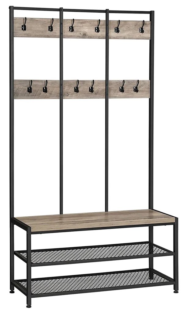Cabideiro largo com 12 ganchos e banco para sapatos, em design industrial. | VASAGLE | 100 x 40 x 184 cm | branco|preto | HSR086B02.