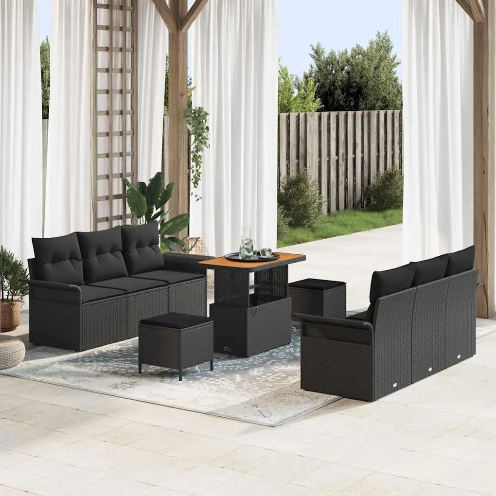 vidaXL Conjunto de sofá de jardim com 9 peças, almofadas pretas, em rattan sintético e madeira de acácia.