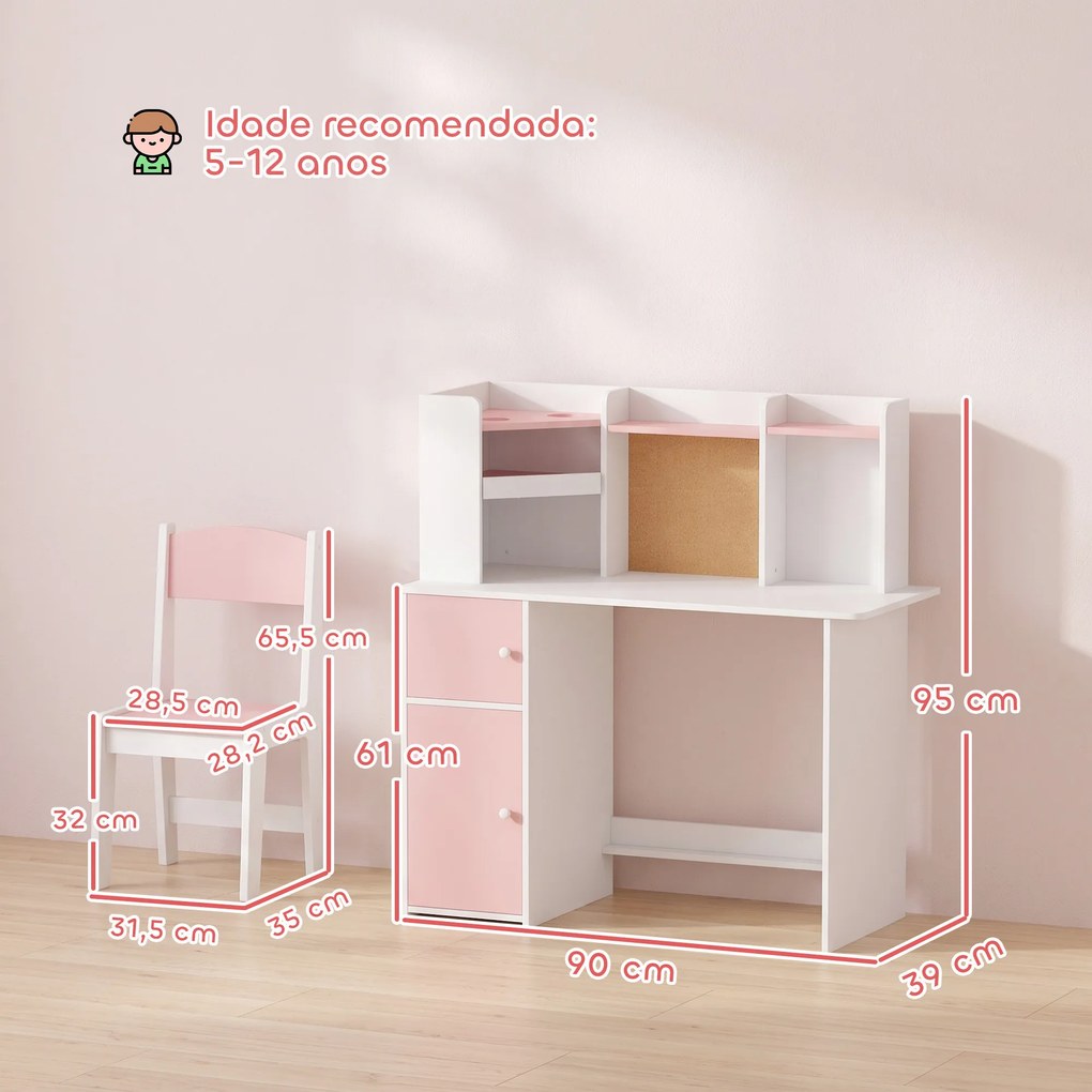 Secretária Infantil com Cadeira, Suporte Ajustável para Tablet, Porta-lápis, Quadro de Cortiça, Estantes e Armários, Rosa