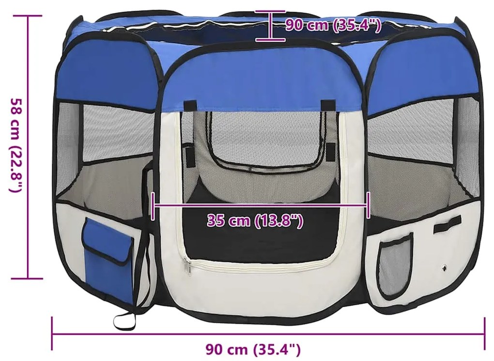 Parque dobrável p/ cão c/ saco de transporte 90x90x58 cm azul
