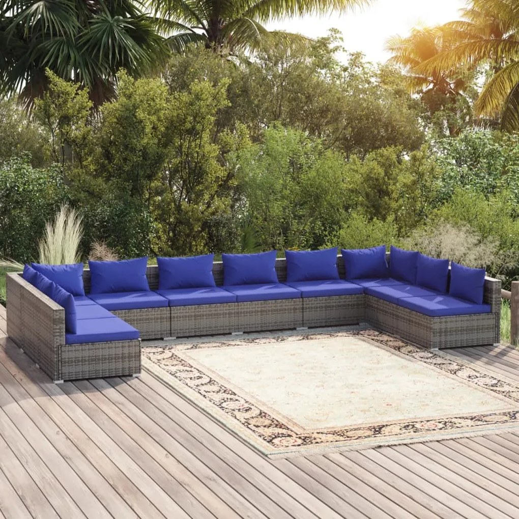 vidaXL 10 pcs conjunto lounge de jardim c/ almofadões vime PE cinzento