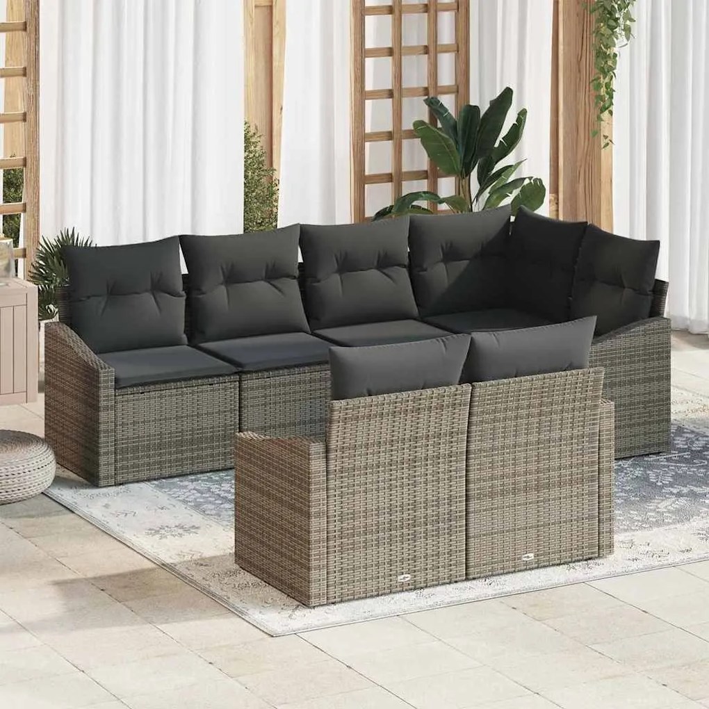Conjunto de jantar de jardim com 7 peças e almofadas cinza em rattan p