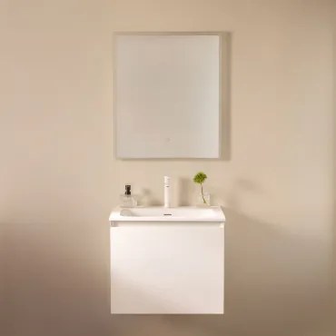 Conjunto De Móvel De Casa De Banho Suspenso Em Madeira Com Lavatório Integrado Macrae Branco & Led Retangular E Anti-embaciamento 60x70 Cm - Sklum