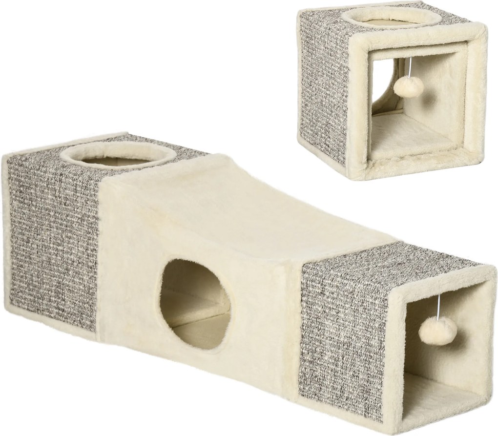 PawHut Túnel para Gatos Bola Suspensa Dobrável Múltiplas Entradas Caverna Sisal Confortável 98x30x30 cm Creme e Cinza | Aosom Portugal