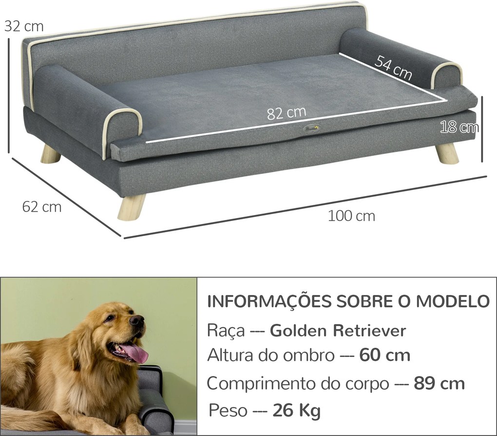 Cama Elevada para Cães Grandes e Médios 100x62x32 cm  Revestimento em Chenille com Almofada Lavável  Cinza Escuro