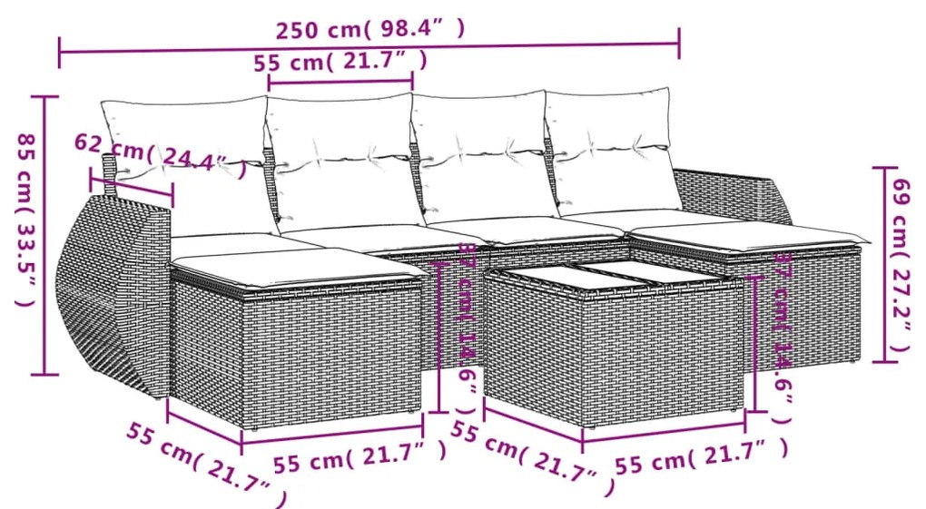 7 pcs conjunto de sofás p/ jardim com almofadões vime PE bege