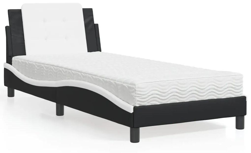 Cama com colchão 90x190 cm couro artificial preto e branco