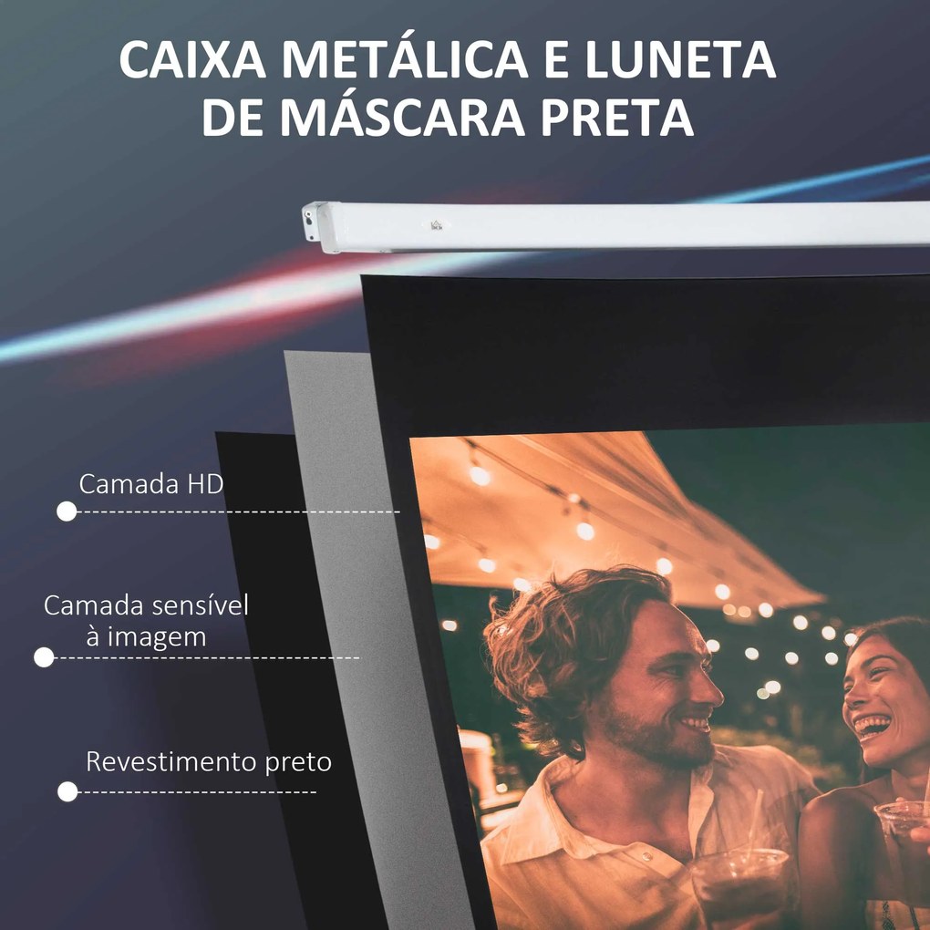 HOMCOM Tela de Projeção Elétrica 80 Polegadas Tela de Projeção Motorizada Formato 16:9 com Controlo Remoto para Cinema am Casa Exterior Festas 209x7,5x142cm Branco