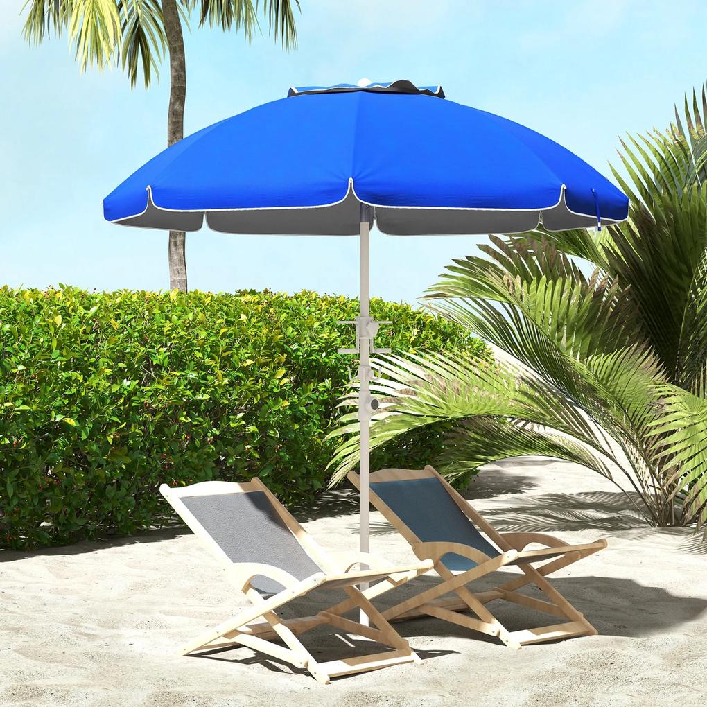 Chapéu de Sol de Praia Ø175x205 cm com 2 Porta-copos 1 Gancho Abertura Manual Anti-UV Altura e Ângulo Ajustáveis Azul