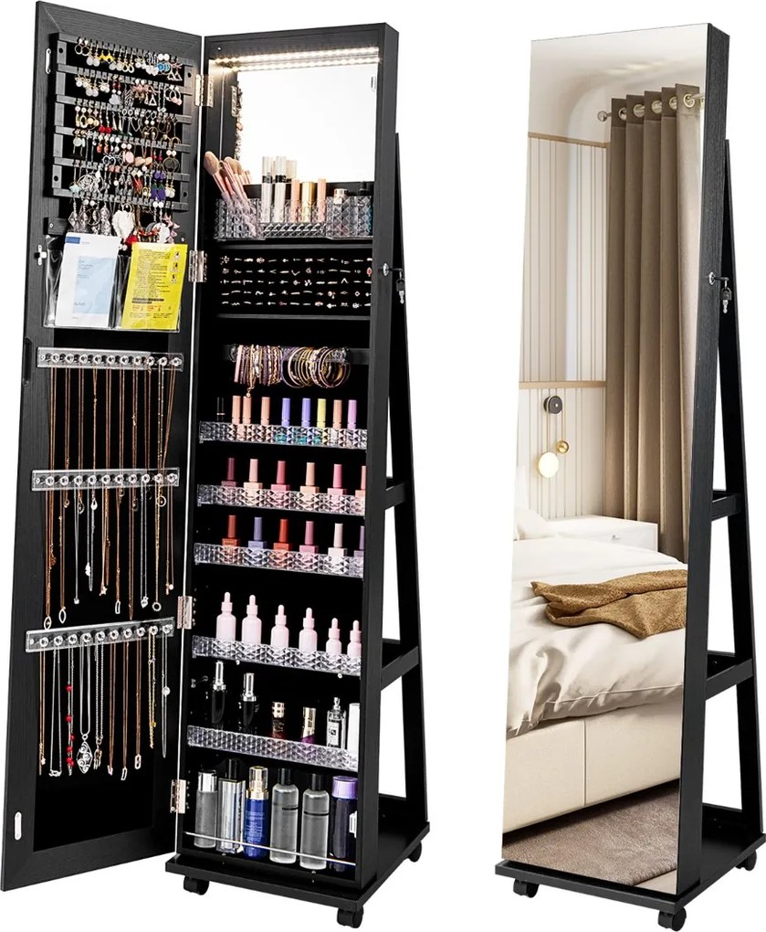 Armário para joias com fechadura 40 x 38 x 164 cm com Espelho de maquilhagem LED com 3 cores Prateleiras ajustáveis e rodas universais Preto