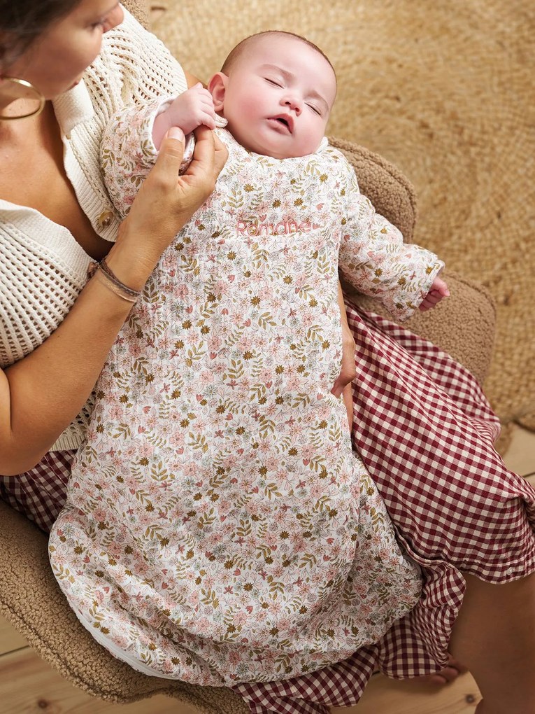 Saco de bebé com mangas amovíveis personalizável FLORA branco estampado
