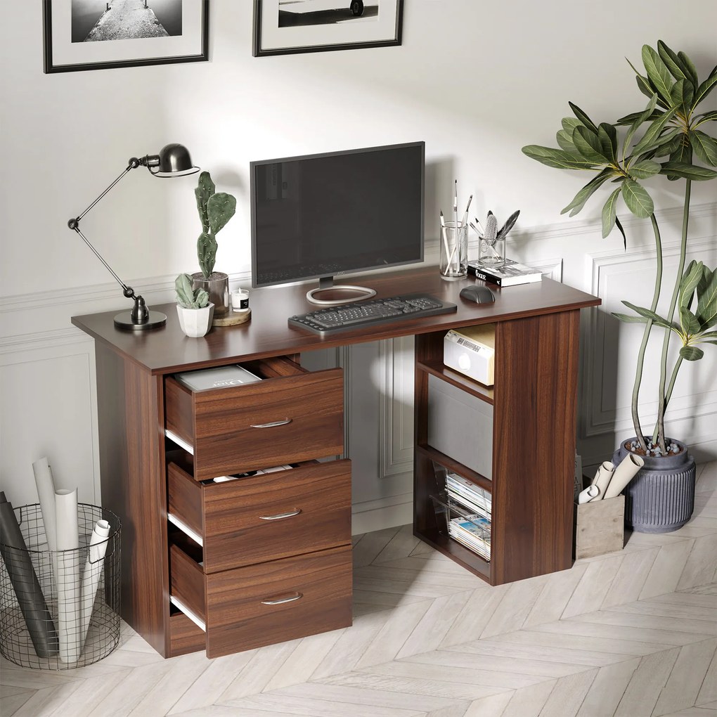 Secretária de computador com 3 gavetas e 3 prateleiras abertas, 120 x 49 x 72 cm, secretária com arrumação reversível, estilo moderno, secretária de c