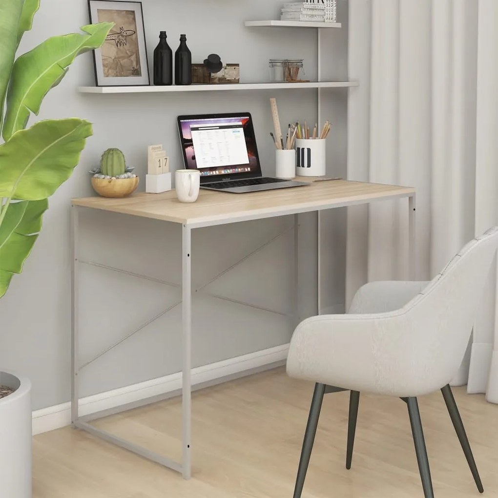 30210 vidaXL Secretária computador 110x60x70cm contraplacado branco/carvalho