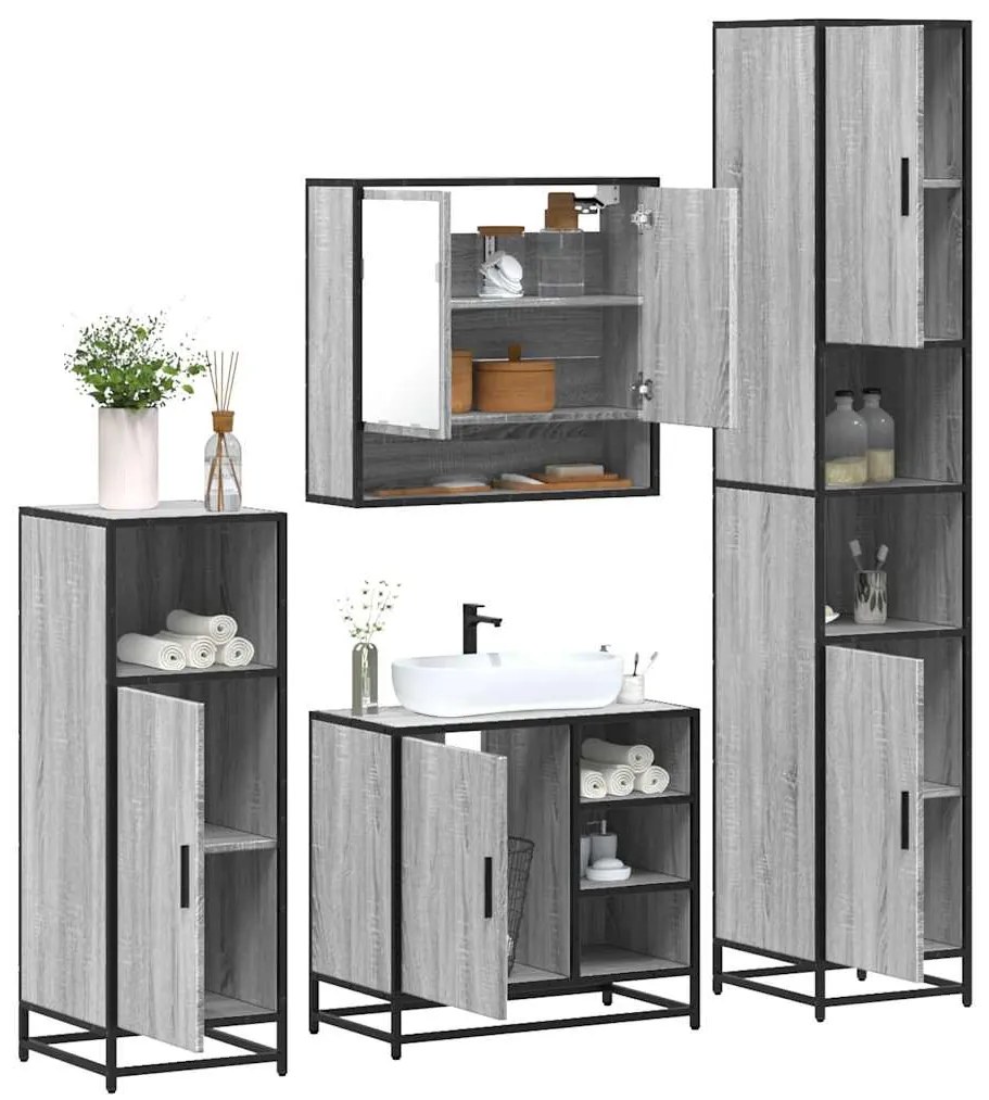 4 pcs Conjunto móveis casa de banho madeira proc. cinza sonoma