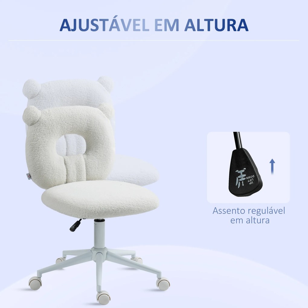 Cadeira de Secretária de Carneirinho Cadeira Infantil Giratória com Encosto em Forma de Urso 50x56x80-90 cm Branco