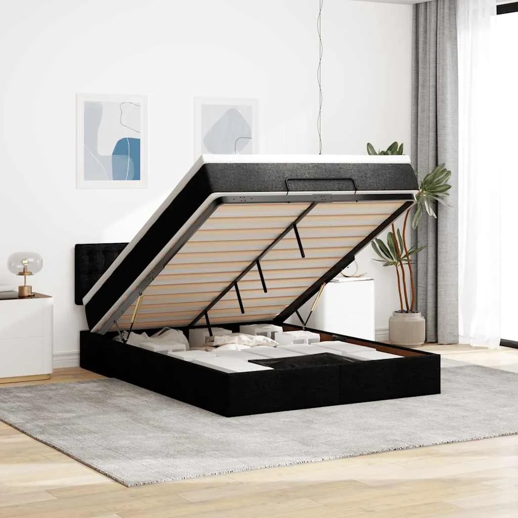 Cama otomana com colchão 140x200 cm tecido preto