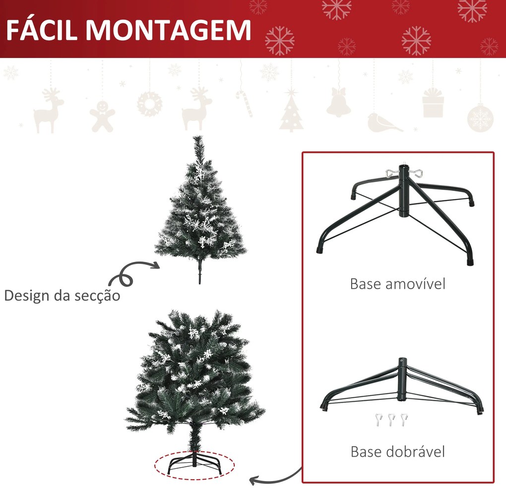 Árvore de Natal Artificial 150 cm com 378 Ramos 41 Decorações Suporte em Aço Dobrável e Base Destacável Verde