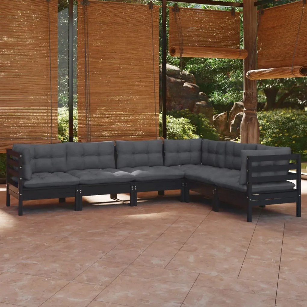vidaXL 6 pcs conjunto lounge jardim c/ almofadões pinho maciço preto
