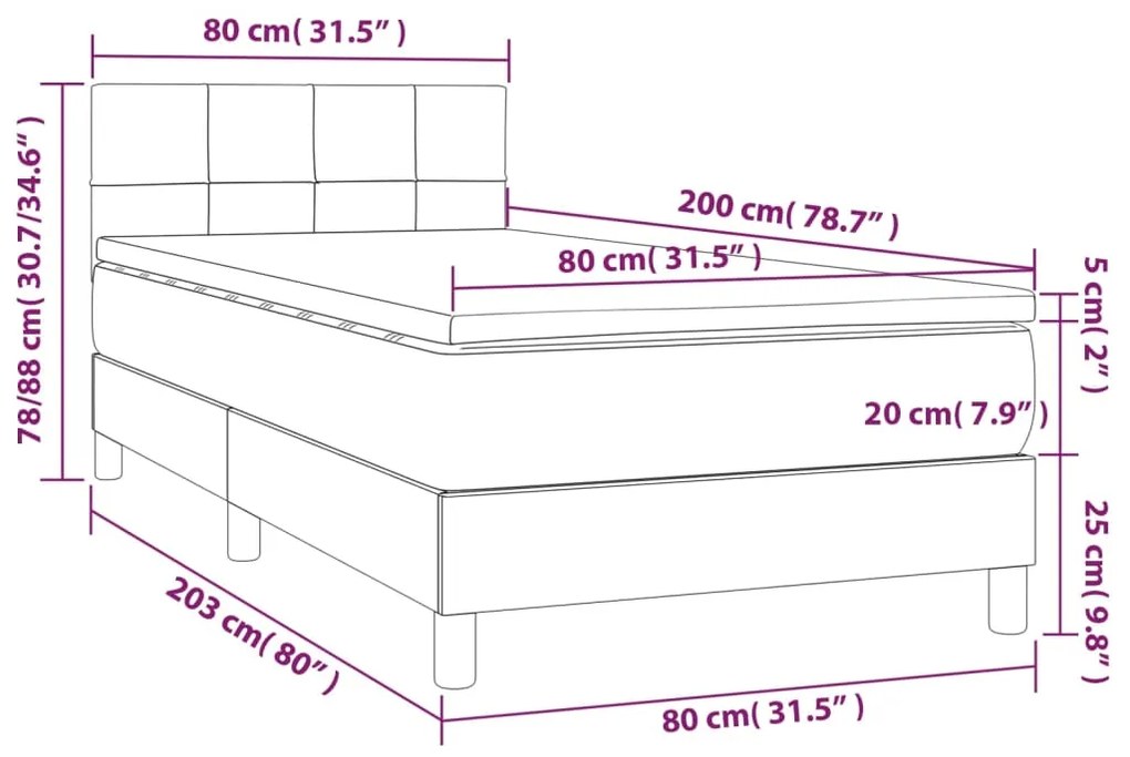 Cama box spring c/ colchão/LED 80x200cm tecido castanho-escuro