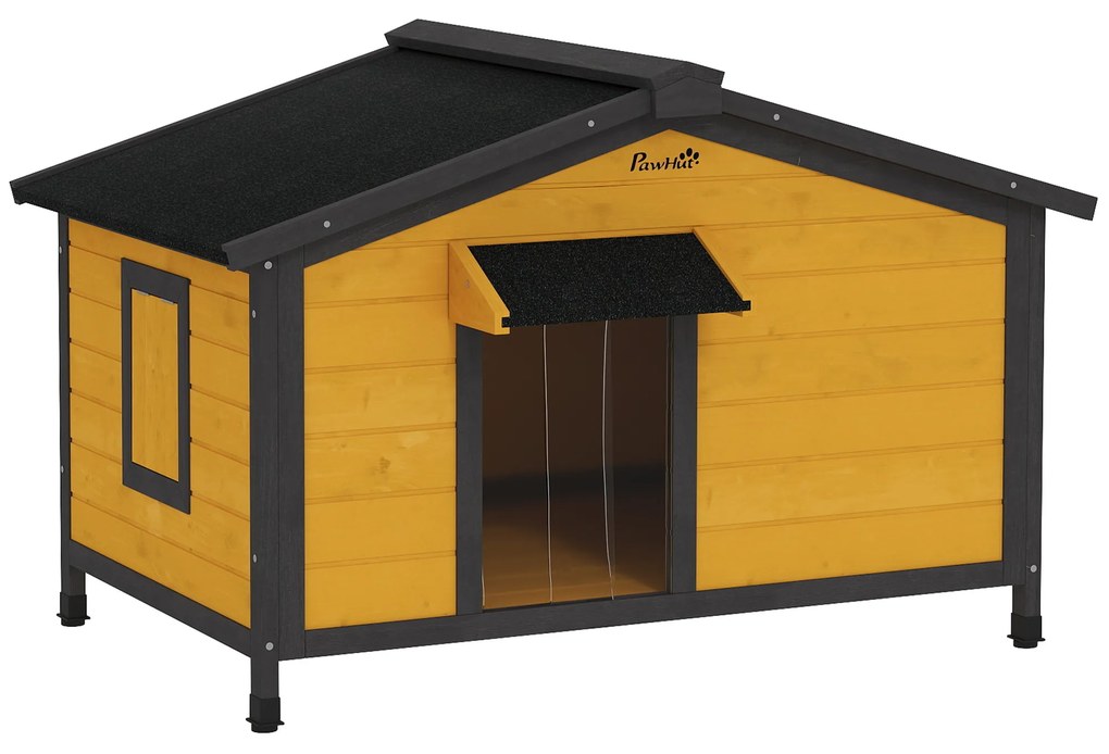 PawHut Casa para Cães de Madeira 97x72x65 cm Casinha dos Cachorros com Teto Asfáltico 2 Janelas Porta com Cortina Madeira | Aosom Portugal