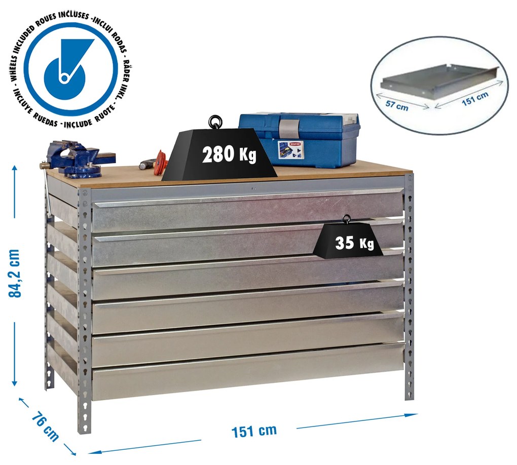 Bancada de Trabalho SIMONWORK MOBILE BT5 GAVETAS6 1500 GALVANIZADA/MADEIRA Casa, Escritório, Garagem, Oficina Capacidade 120 Kg Dimensões 917x1510x760