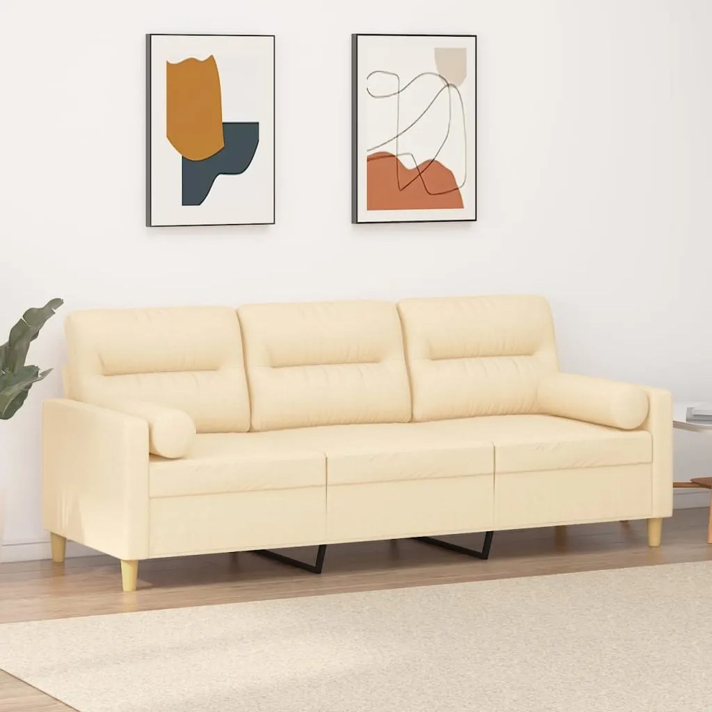 vidaXL Sofá 3 lugares c/ almofadas e almofadões 180cm tecido cor creme