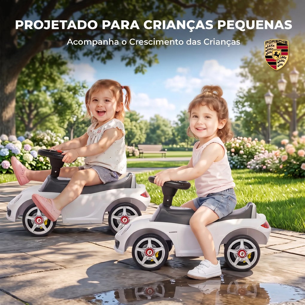 Carro sem Pedais para Crianças 18-36 Meses com Licença Porsche, 2 Faróis, Buzina e Som de Arranque, 63x28,5x38 cm, Branco