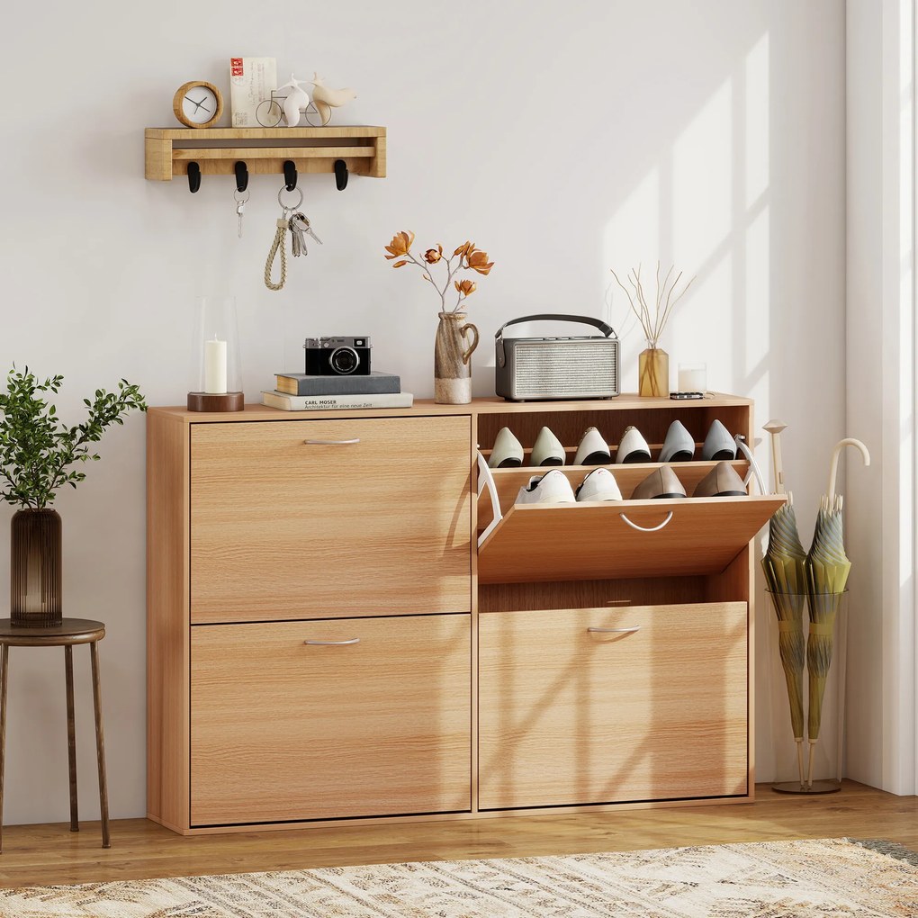 Sapateira Moderna com 4 Gavetas Abatíveis e Prateleiras Ajustáveis para 16-24 Pares de Sapatos 120x24x81 cm Madeira