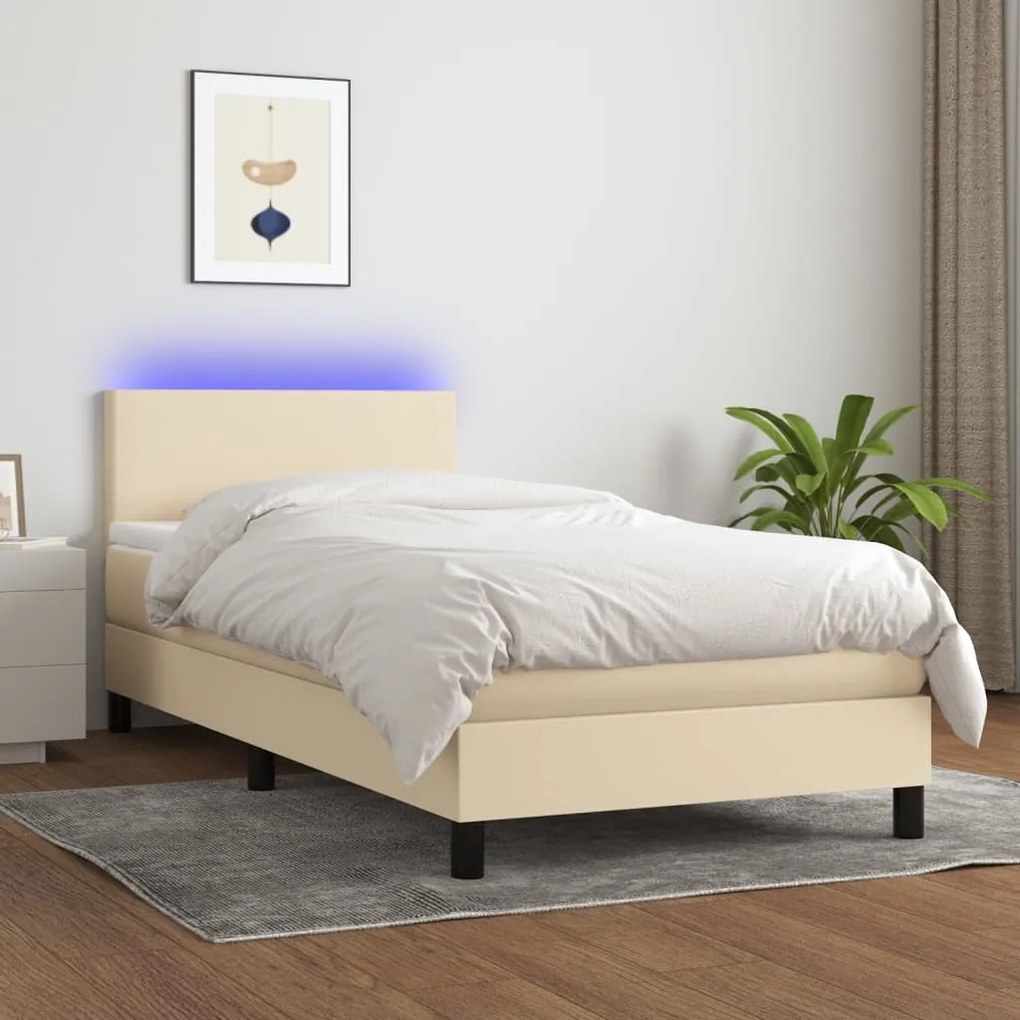 Cama box spring c/ colchão e LED 90x200 cm tecido cor creme