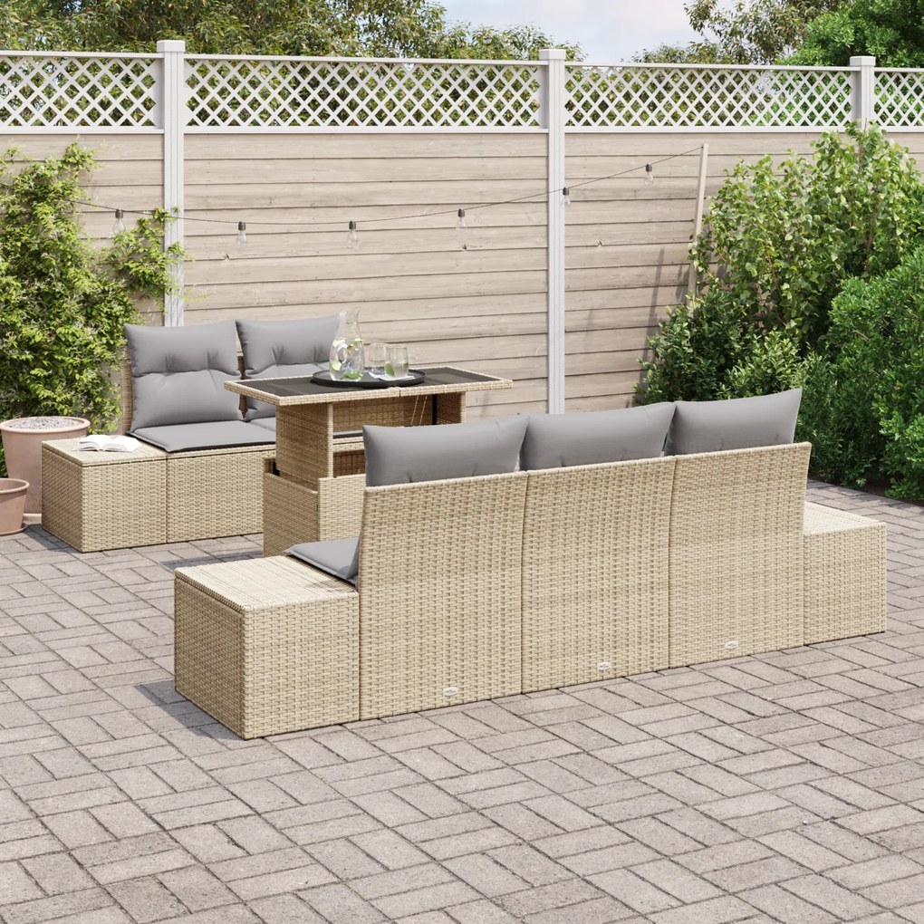 Conjunto de Sofá de Jardim de 6 Peças com Almofadas Bege em Polyrattan