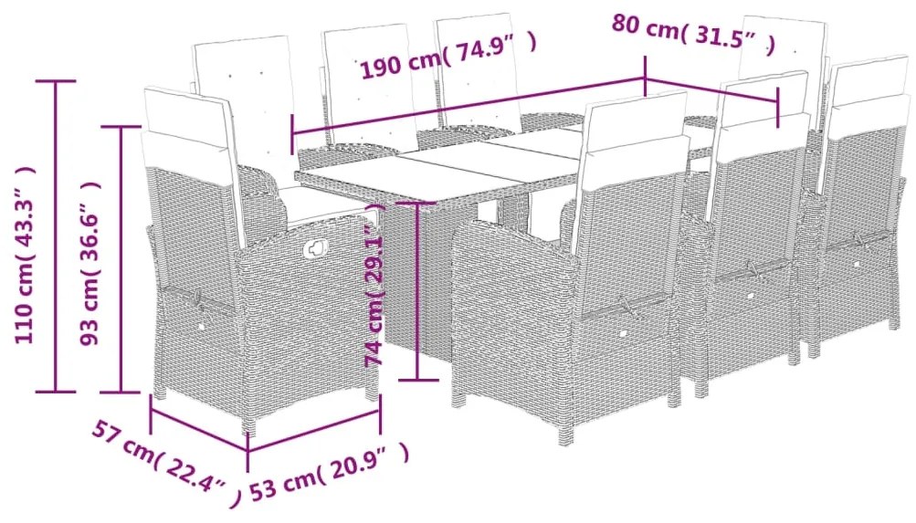 9 pcs conjunto de jantar p/ jardim c/ almofadões vime PE cinza