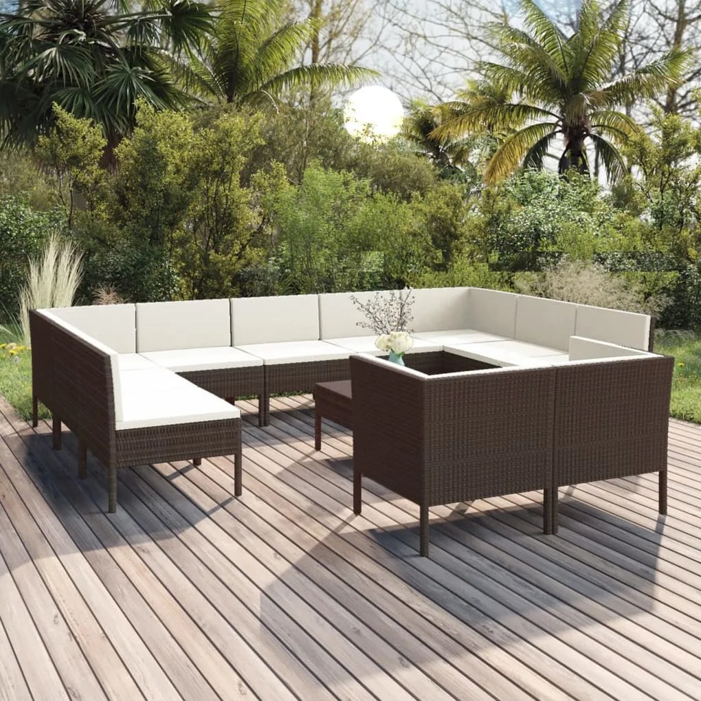 vidaXL 12 pcs conjunto lounge jardim c/ almofadões vime PE castanho