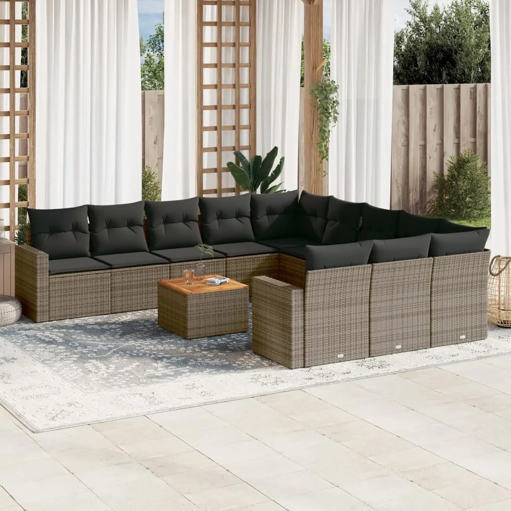 12 pcs conjunto de sofás jardim c/ almofadões vime PE cinzento