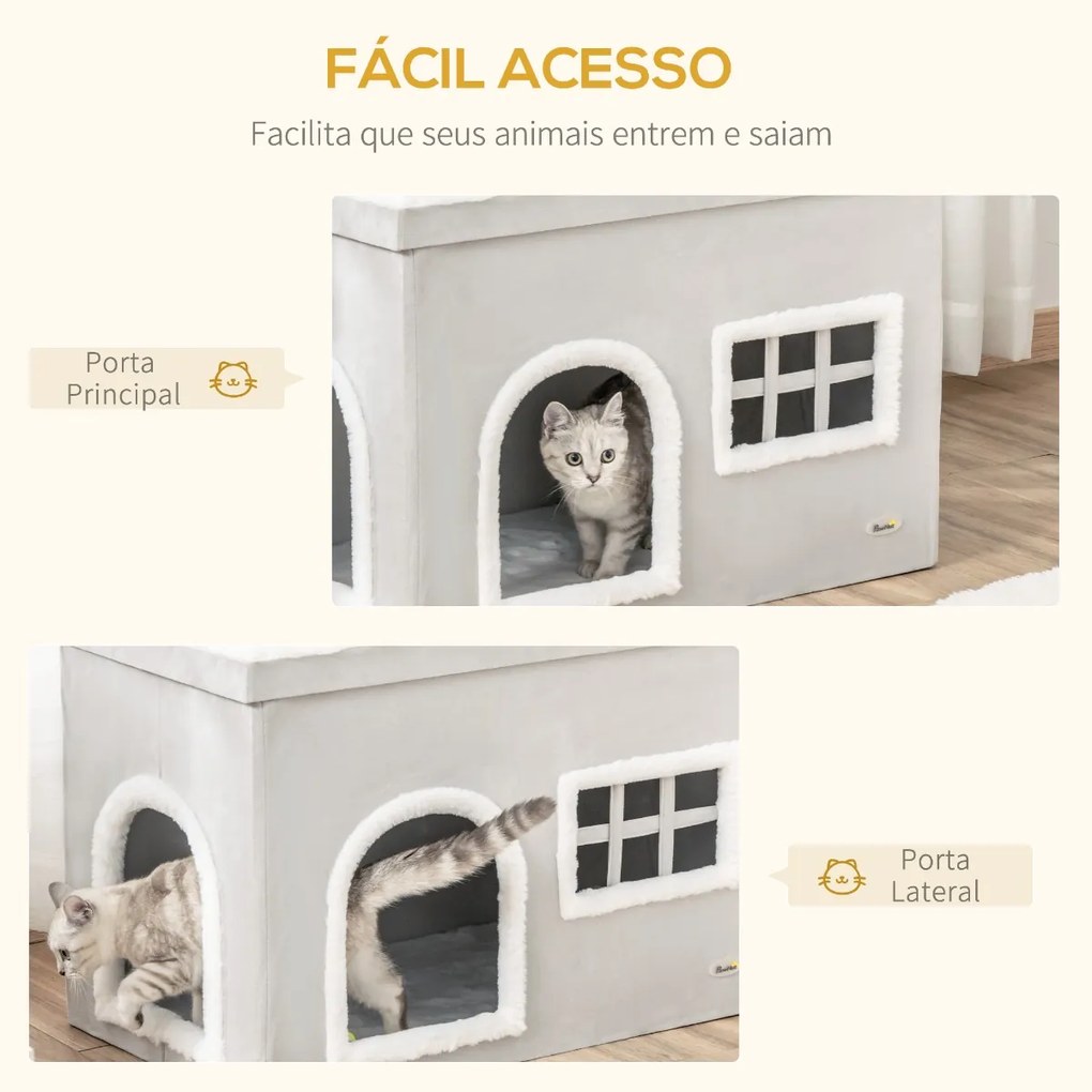 Casa Dobrável para Gatos Caverna para Gatos com Almofadas de Pelúcia Suave Tampa Removível 2 Entradas e Janela 71x42x49cm Cinza Claro