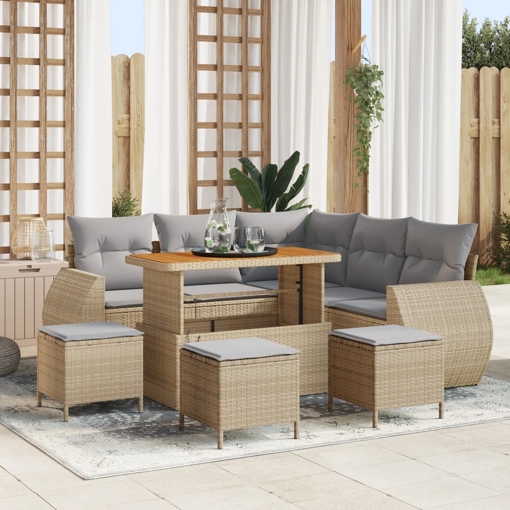 Conjunto de Sofá de Jardim vidaXL 9 Peças com Almofadas Bege Rattan Po