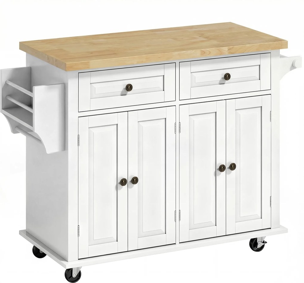HOMCOM Ilha de Cozinha com Rodas 2 Gavetas 4 Portas Suporte para Temperos e Barra Lateral 111x44,5x82,5cm Branco e Madeira | Aosom Portugal
