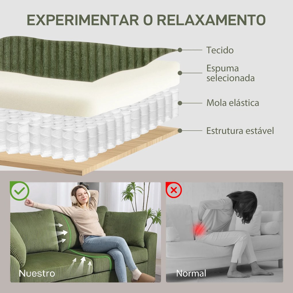 Sofá de 3 Lugares Sofá Sala de Estar 212x80x88 cm Estofado em Veludo Canelado com 2 Almofadas  Desenho Moderno Verde