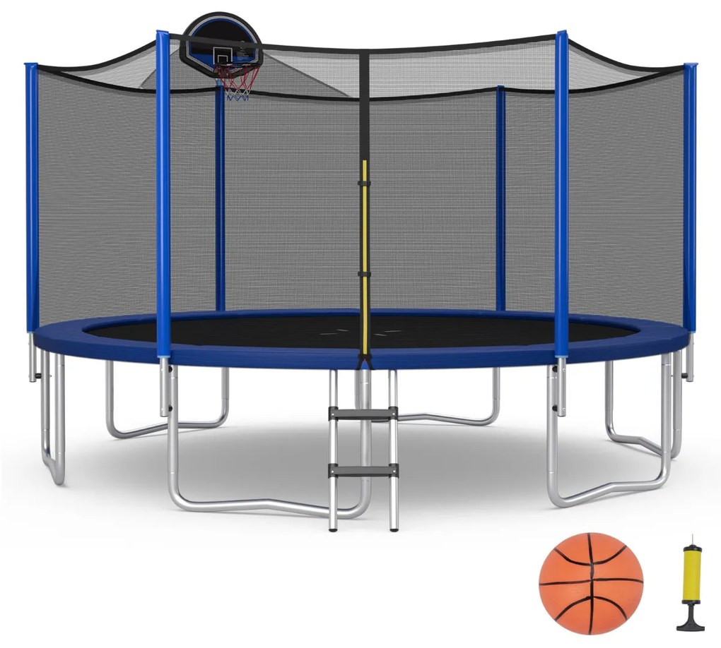 Trampolim para exterior com cesto Basquetebol 366 cm, carga máxima 180 kg, 72 molas, rede de segurança Azul