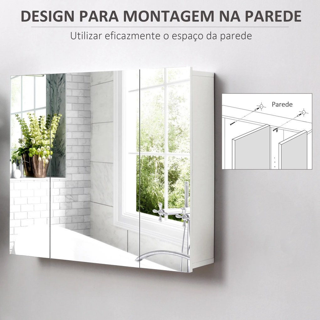 Armário de Casa de Banho com 3 Portas com Espelho Armário de Parede com Prateleiras Internas Ajustáveis 70x15x60 cm Branco