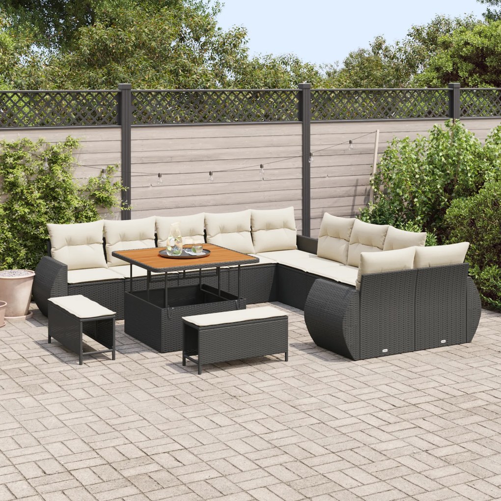 Conjunto de Sofá de Jardim de 13 Peças com Almofadas Preto Rattan Poli