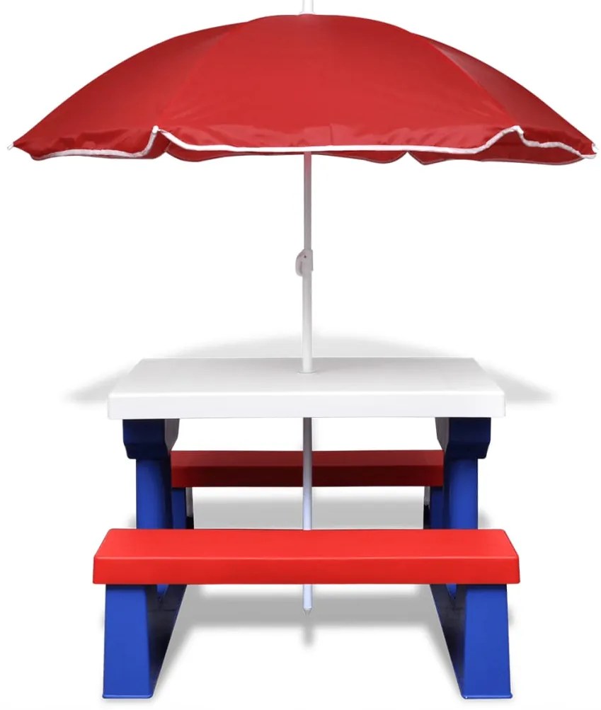 Mesa piquenique infantil + bancos/guarda-sol multicor
