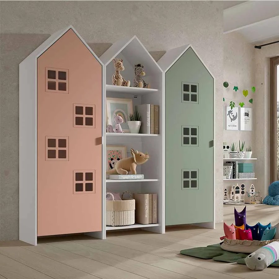 Conjunto 2 armarios Guarda Roupa infantil + estante infantil coleção CASAMI Verde e Rosa