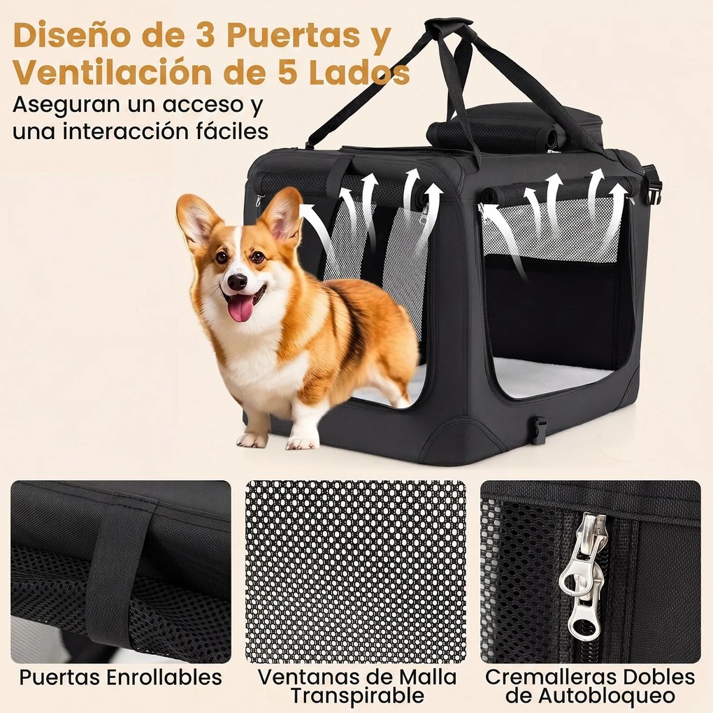 Transportadora dobrável tamanho S 61 x 43 x 43 cm para animais de estimação, com janelas de rede, 3 portas, cama felpuda e bolsos removíveis, para uso