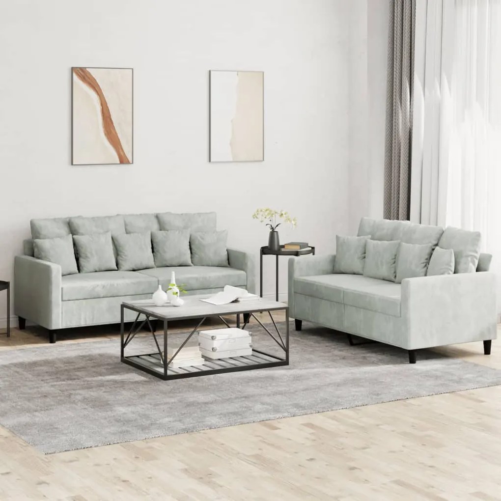 2 pcs conjunto de sofás com almofadões veludo cinzento-claro