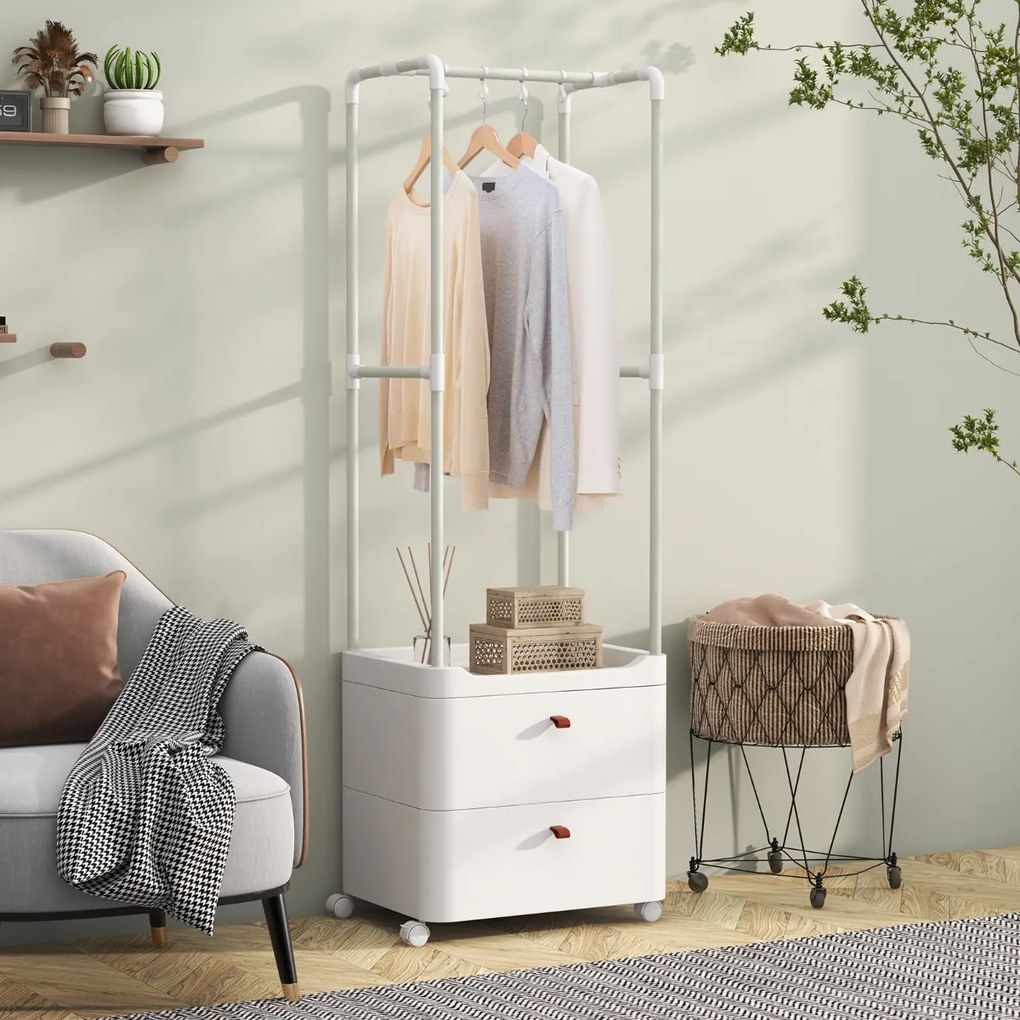 Guarda Roupa com 2 Gavetas Rodas Barra de Pendurar 4 Ganchos para Hall de Entrada Quarto Vestiário Branco